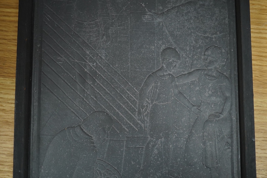 John McKenzie (1897-1972), relief carved slate plaque, ‘Inheritance’, initialled, ink inscription verso, 27cm high. Condition - good